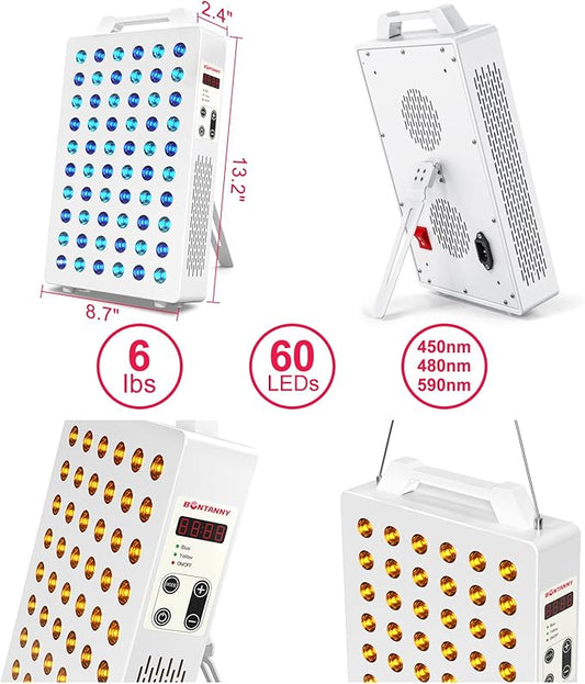 Blue/Yellow Light Therapy, 450/480/590nm 3 Wavelengths Blue Yellow Light Device with 60 Dual Chip Clinical Grade LEDs, Remote Control, Timer for Face, Body, Improve Skin, BO-300 (White)