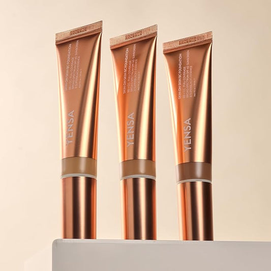 YENSA Skin on Skin BC Foundation Makeup - CC, BB Cream & Full Coverage Foundation-In-One - Buildable, Radiant Finish with SPF 40, Hyaluronic Acid, Peptides & 8 SuperBlacks - Tan Golden (1 oz)