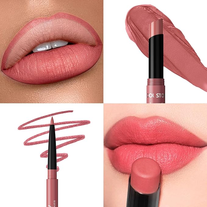 COOL STORY 2 Piece Lip Liner and Lipstick Set, Long Lasting Formula, Professional Makeup Kit (02)