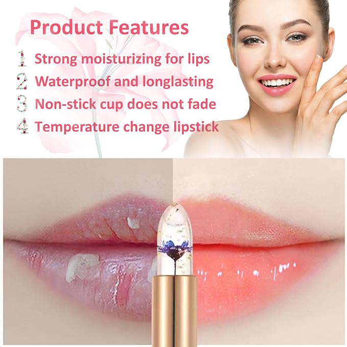 2 Pack Crystal Flower Jelly Lipstick,Magic Color Changing Lipstick,PH Clear Temperature Color Changing Lip Gloss,Lip Balm,Long Lasting Nourishing Moisturizing Lip Stick Set X02+03