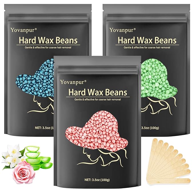 Hard Wax Beads, Yovanpur 10.5oz Waxing Beans for Hair Removal, Brazilian, Bikini, Face, Eyebrows, Underarms, Chest, Back, Legs, Wax Refill for Women & Men, Pack of 3