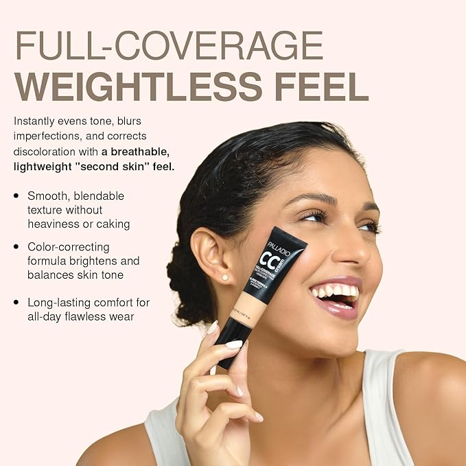 Palladio Full-Coverage Color Correction CC Cream, Oil-Free with Peptides & Vitamin C, Best for Correcting Redness and Uneven Skin Tone, Buildable Foundation Coverage (Med 31C)