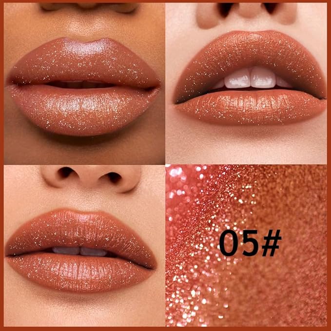 Brown Metallic Lipstick for Women,Lightweight Comfortable Non-Drying Shimmer Frosted Lipstick,Glitter Lip Gloss Stain Long Lasting Waterproof Smudge Proof 24 Hour Full Coverage Lip Makeup,Vegan