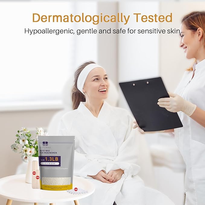 BLITZWAX 1.3lb Hard Wax Bead Kit for Men and Women Hair Removal, Cream Scent Wax Beans for Nose, Sensitive Skin, Brazilian, Body, Face, Waxing Pearls Bulk with 50pcs Sticks for Beginners and Home Use