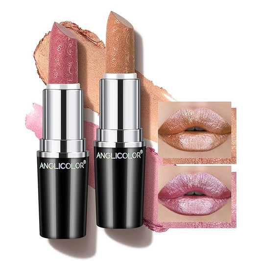 2pcs Metallic Glitter Nude and Pink Lipstick High Impact Lipcolor,Moisturizing Creamy Formula,Lipstick For Women,Smooth and Non-Sticky,Full-Coverage Lip Color