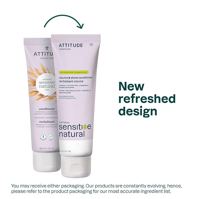 ATTITUDE Hair Conditioner for Sensitive Dry Scalp, For Thin Hair, Soothing Oat, Naturally Derived Ingredients, Dermatologically Tested, Vegan Detangler, Volume and Shine, 8 Fl Oz