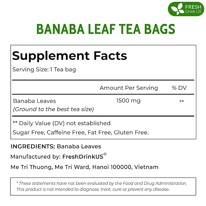 FreshDrinkUS, Premium 40 Banaba Tea Bags, 100% Natural & Pure from Banaba Leaves. Loose Leaf Banaba Herbal Tea. No Sugar, No Caffeine, No Gluten, Vegan.