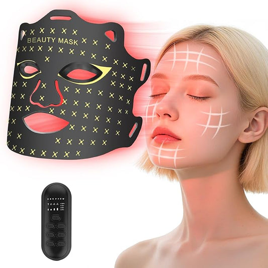 Red Light Therapy for Face, Portable Led Face Mask Light Therapy with Rechargeable Remote, 7 Light Mode with 850nm NIR, Red Light Therapy at Home (Black)