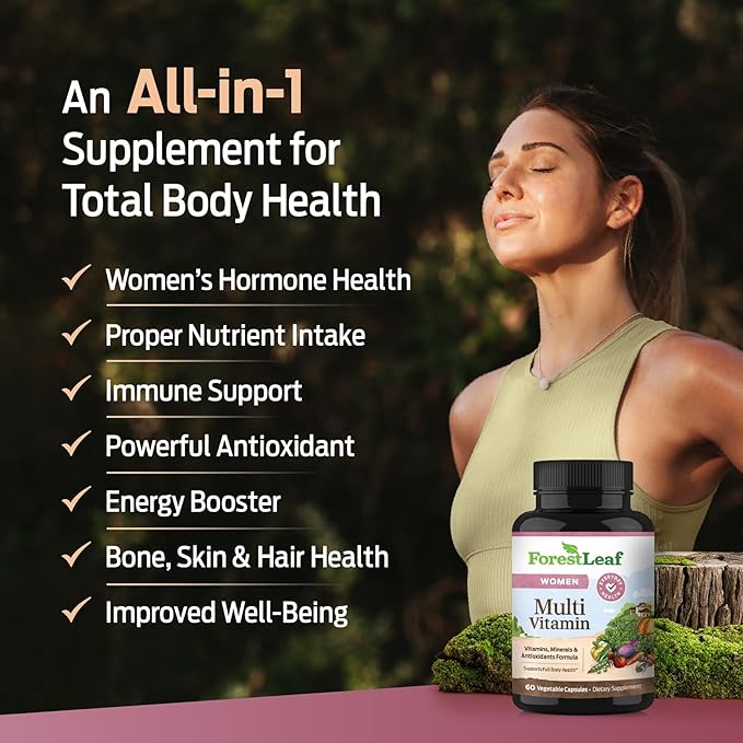 ForestLeaf Daily Vitamin Multivitamin for Women, Multi-Vitamin for Women - Womens Multivitamins & Multiminerals Supplement | All Essential Vitamins Needed for Health & Energy | 60 Veg Caps