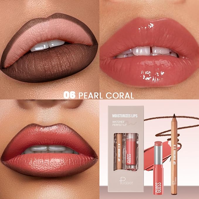 2Pcs Lipstick and Lip Liner Combo, Lip Liner and Lip Gloss Kit for Women, Matte Lip Pencil and Smooth Hydrating Lipstick with Sharpener, Non-Stick Lip Makeup Set