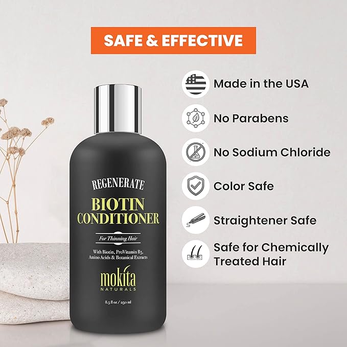 Mokita Naturals Conditioner with Biotin, ProVitamin B5 and Amino Acids for Repair Treatment and Deep Moisturizing for All Hair Types - Detangle, Protect and Support New Hair Growth - 8.5 Ounces