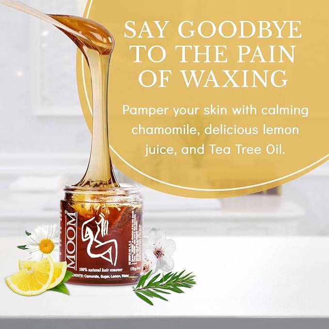 MOOM - Organic Sugar Wax Hair Removal Kit for Underarm, Face & Bikini, Infused with Tea Tree Oil, Includes Wax Strips & Sticks, Ideal for Sensitive Skin - 6 oz