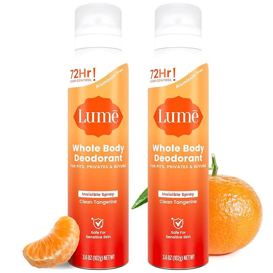Lume Invisible Spray Deodorant For Women - Whole Body Deodorant Spray - 72 Hr Odor Control - Ozone Friendly, Natural Propellant - Aluminum & Baking Soda Free, Skin Loving - 3.6 ounce (Clean Tangerine)