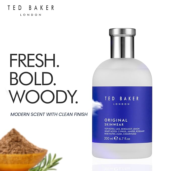 Ted Baker Skinwear EDT, woody masculine fragrance, zesty lime, bergamont and lemon top notes with sandalwood, amber and cedar base notes, 6.76 fl oz