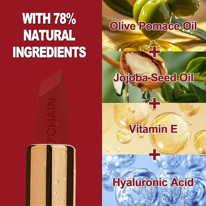 O'CHAIN Dark Red Matte Lipstick, Long Lasting Full Coverage Non-Transfer Lipstick for Women Infused with Jojoba Oil and Vitamin E, Cruelty-Free & Vegan (12 REY) 0.12 Oz