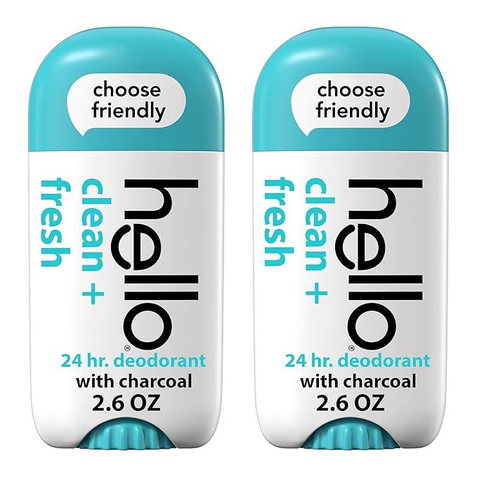 hello Clean and Fresh Aluminum Free Deodorant for Women and Men with Charcoal, 24-Hour Freshness, Baking Soda Free Deodorant, Dermatologically Tested, 2.6 oz Stick (2 Pack)