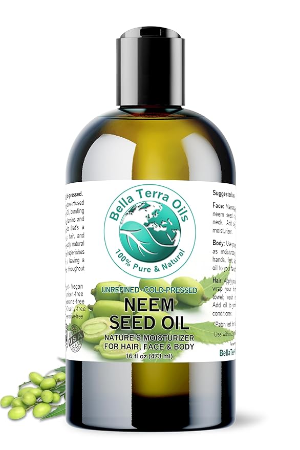 Bella Terra Oils - Organic Neem Seed Oil 16 oz - Authentic Cold-Pressed Process, Filled with Palmitic Acid & Omega-9 Fatty Acids, Ideal for Daily Skin Routine