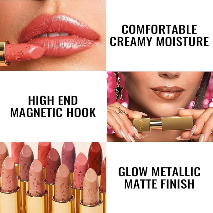 Oulac Matte Nude Peach Lipstick with Glow Metallic Finish - Vegan Lipstick for Women, Creamy Texture, Hydrating Clean Beauty Formula, High-End Magnetic Hook Design, GM06 Hugs