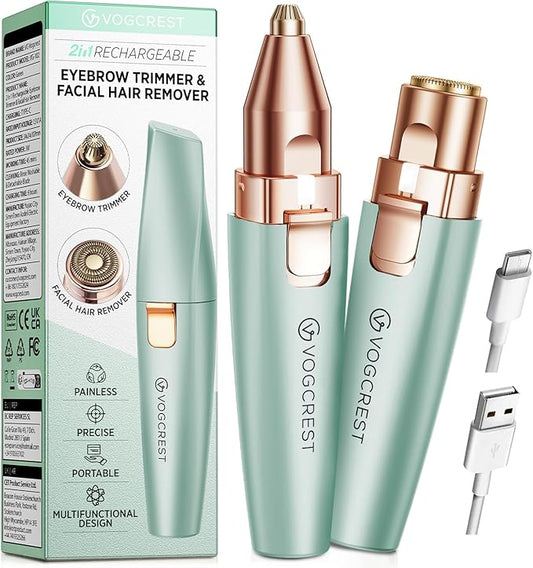 VG VOGCREST Eyebrow Facial Trimmer: 2 in1 Rechargeable Facial Hair Removal and Eyebrow Shaver - Face Lips Body Painless Facial Razor with Built-in LED Light (Pastel Green)