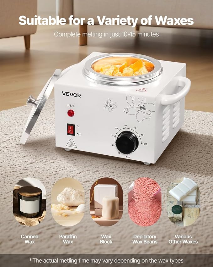 VEVOR Single Wax Warmer, 600ML Professional Wax Warmer for Hair Removal, 32 ℉ to 176℉ Adjustable Electric Waxing Heater Pot with 100PCS Waxing Sticks for Home Use, Beauty Salon, Spa