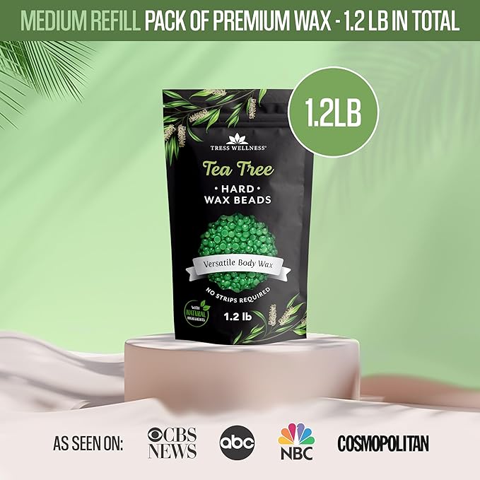 Tress Wellness Wax Beads - Safe for Skin - Dermatologically Tested - At-Home Kit for Bikini, Brazilian & Full Body - Tea Tree 1.2 lb