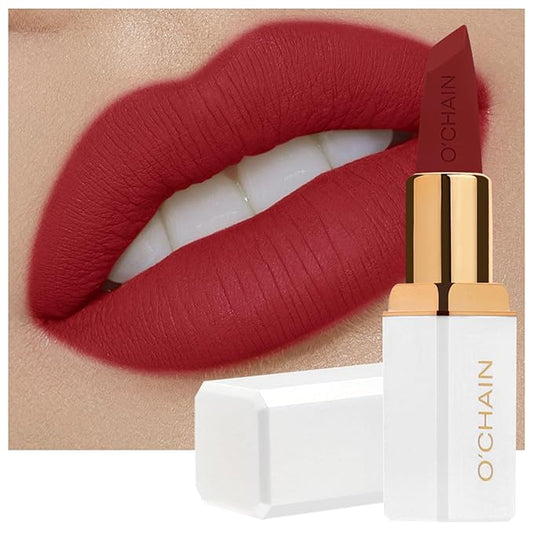 O'CHAIN Dark Red Matte Lipstick, Long Lasting Full Coverage Non-Transfer Lipstick for Women Infused with Jojoba Oil and Vitamin E, Cruelty-Free & Vegan (12 REY) 0.12 Oz
