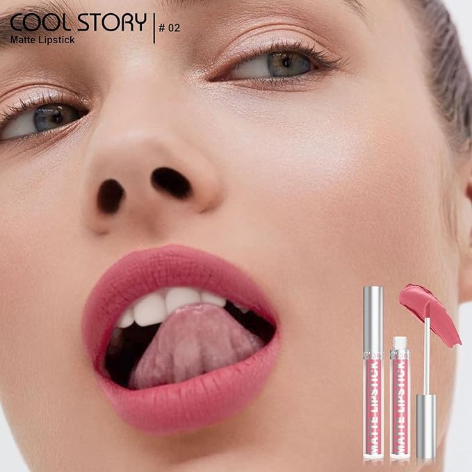 COOL STORY Matte Lip Stain Tint Highly Pigmented Color Long-Lasting Waterproof Rose Kiss (02)