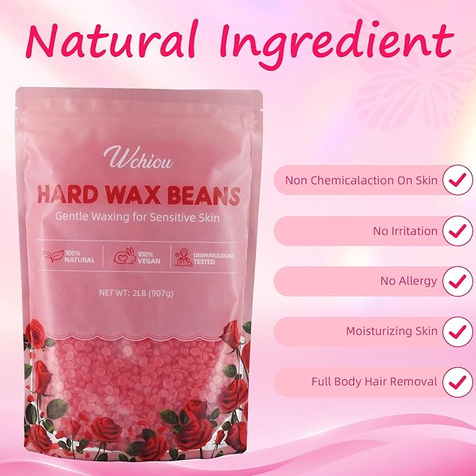 Hard Wax Beads, 2lb Sensitive Skin with Rose Formula, For Face Eyebrow Leg Bikini Waxing, Coarse Body Hair Specific