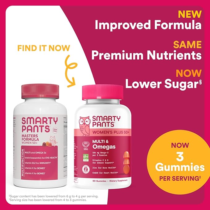 SmartyPants Multivitamin Gummy for Women 50 and Over: Omega 3 Fish Oil (EPA/DHA), Methylfolate, CoQ10, Vitamin D3, C, Vitamin B12, B6, A, K & Zinc, Biotin, Gluten Free, 120 Count (30 Day Supply)