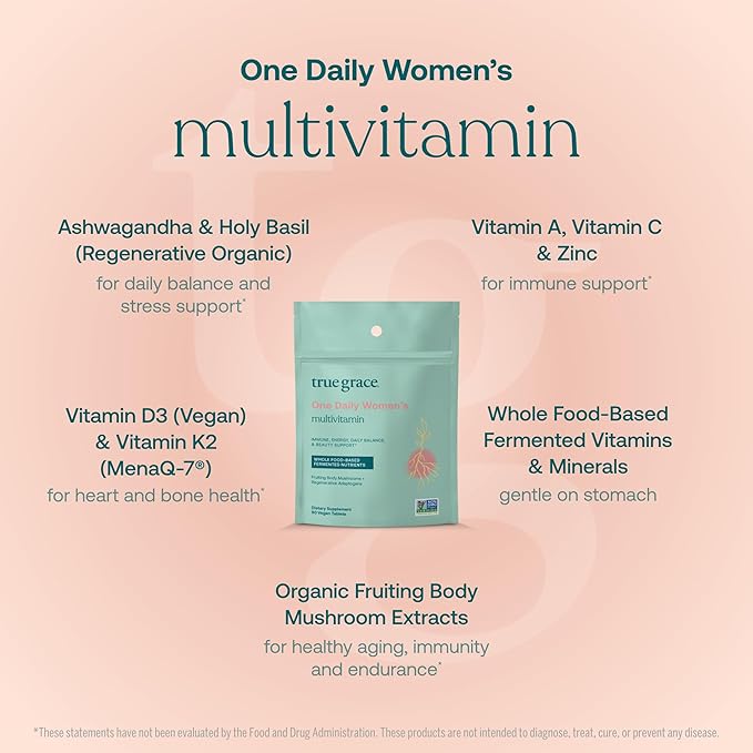 True Grace One Daily Women’s Multivitamin Fermented Minerals, Organic Adaptogens & Mushrooms Whole Body Balance, Immune, Energy, Beauty Support - Non-GMO, Gluten Free, Soy Free - 90 Vegan Tablets