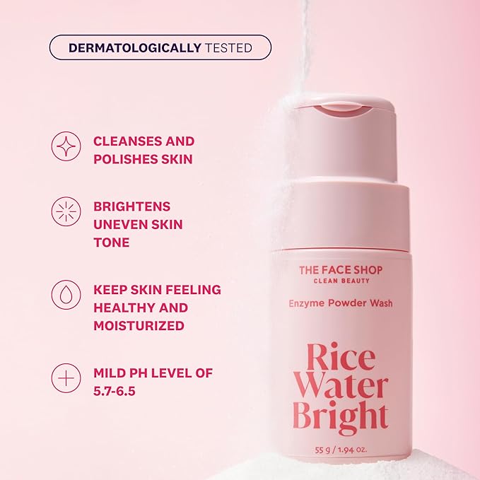 The Face Shop Rice Water Bright Enzyme Powder Wash, Gentle Exfoliating Cleanser with AHAs, Radiant skin, Rice Polish for Face, Korean Skin Care 55g / 1.94 oz