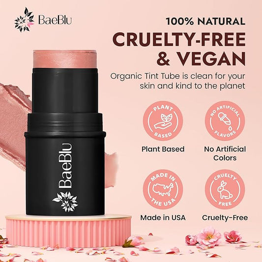Organic Blush Tube, Rose - 100% Natural Vegan Cream Blush Sticks, Multi-Use Bronzer, & Highlighter for Lips, Cheeks & Eyes, Buildable Shimmer, Gluten-Free, Paraben-Free, Made in USA