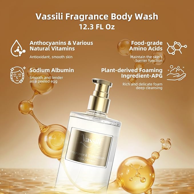 Vassili Fragrance Body Wash - Long-Lasting Aroma with Exotic Notes,Moisturizing & Gentle,For All Skin Types,Easy Rinse,12.3fl oz (Muskwood Whisper)