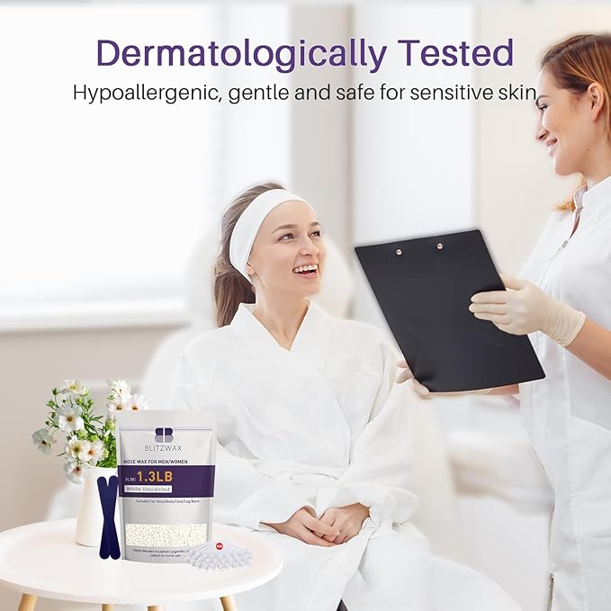 BLITZWAX Hair Removal Hard Wax Beads Unscented 1.3lb Waxing Beans Kit with 30 Nose Waxing Sticks for Sensitive Skin, Face, Back, Body, Brazilian and Coarse Hair, Home Wax Pearls for Men Women, White