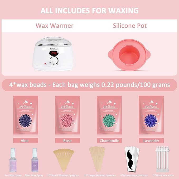 Waxing Kit -Digital Wax Warmer Machine for Hair Removal with 4 Packs of Hard Wax Beads & Silicone Pot for Full Body, Legs, Face, Eyebrows, Bikini, Brazilian at Home Waxing Kit for Women Men