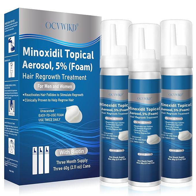 5% minoxidil foam for men, topical minoxidil foam, Biotin-Infused, Hair Growth Treatment, Unscented, Foam, 3-4 Month Supply, Supports Thicker and Fuller Hair & Beard