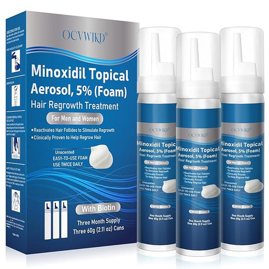 5% minoxidil foam for men, topical minoxidil foam, Biotin-Infused, Hair Growth Treatment, Unscented, Foam, 3-4 Month Supply, Supports Thicker and Fuller Hair & Beard