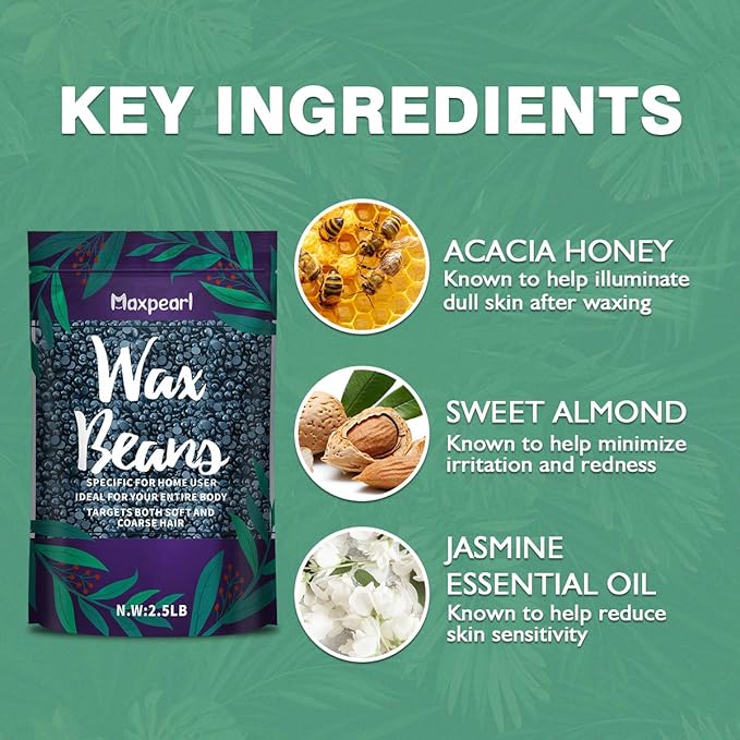 Maxpearl Wax Beads for Hair Removal, 2.5lb Hard Wax Beans Refill Bag for Brazilian Bikini, Face, Eyebrows, Underarms, Arms, Chest, Back, Legs, Coarse Body Hair Specific