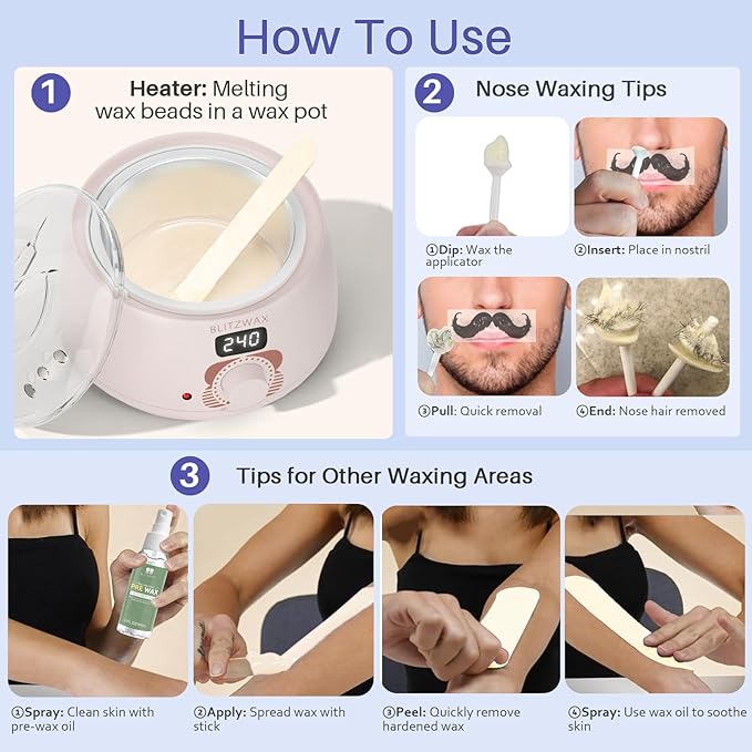 BLITZWAX Hair Removal Hard Wax Beads Unscented 1.3lb Waxing Beans Kit with 30 Nose Waxing Sticks for Sensitive Skin, Face, Back, Body, Brazilian and Coarse Hair, Home Wax Pearls for Men Women, White