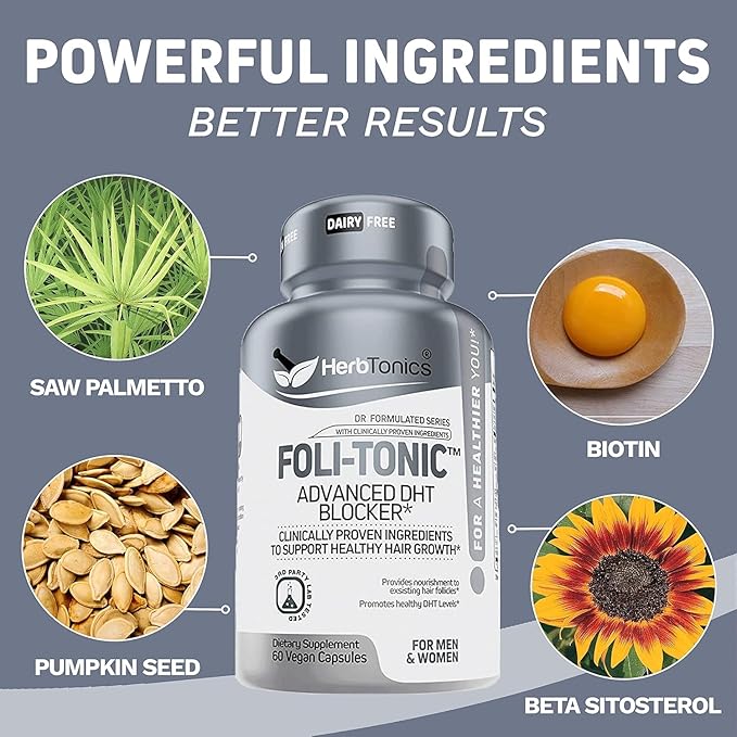 Hair Growth Vitamins for Women & Men | DHT Blocker with Saw Palmetto & 10000mcg Biotin, Foli Tonic Hair Growth Supplement – Supports Fuller, Thicker Hair Appearance, Non-GMO, 120 Vegan Capsules