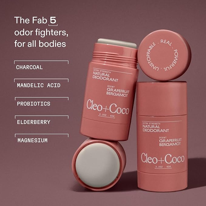 Cleo+Coco Extra Strength Deodorant Balm, Grapefruit Bergamot (2.2 oz), Natural Aluminum Free Deodorant for Women & Men with 5X Odor Fighters, 24+hour Odor Control Free from Synthetic Fragrance, Vegan