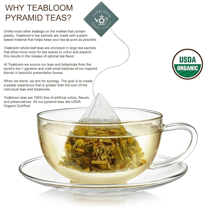 Teabloom - World's Finest Pyramid Tea Collection, 24 Varieties of USDA Certified Organic Teas - Black, Green, White, Oolong & Herbal Tea Blends