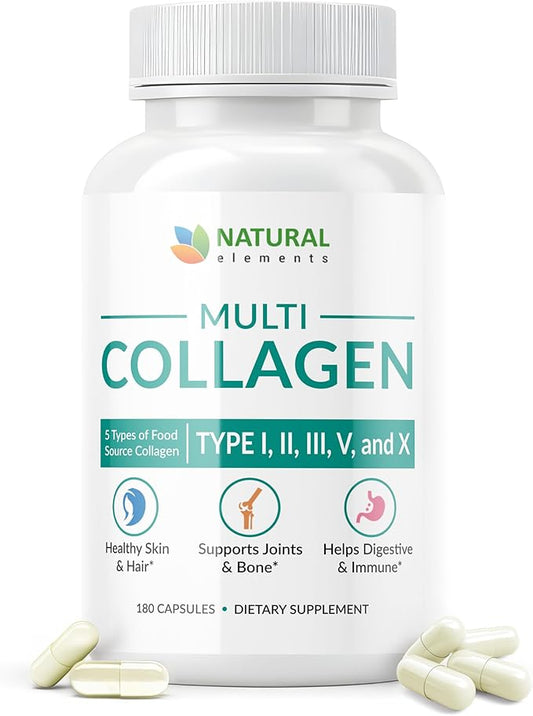 Multi Collagen 180 Protein Capsules - Type I, II, III, V, X Collagen Pills - Proprietary Blend of Eggshell, Chicken, Wild Fish & Grass-Fed Beef Collagen Peptides - 2025mg per serv