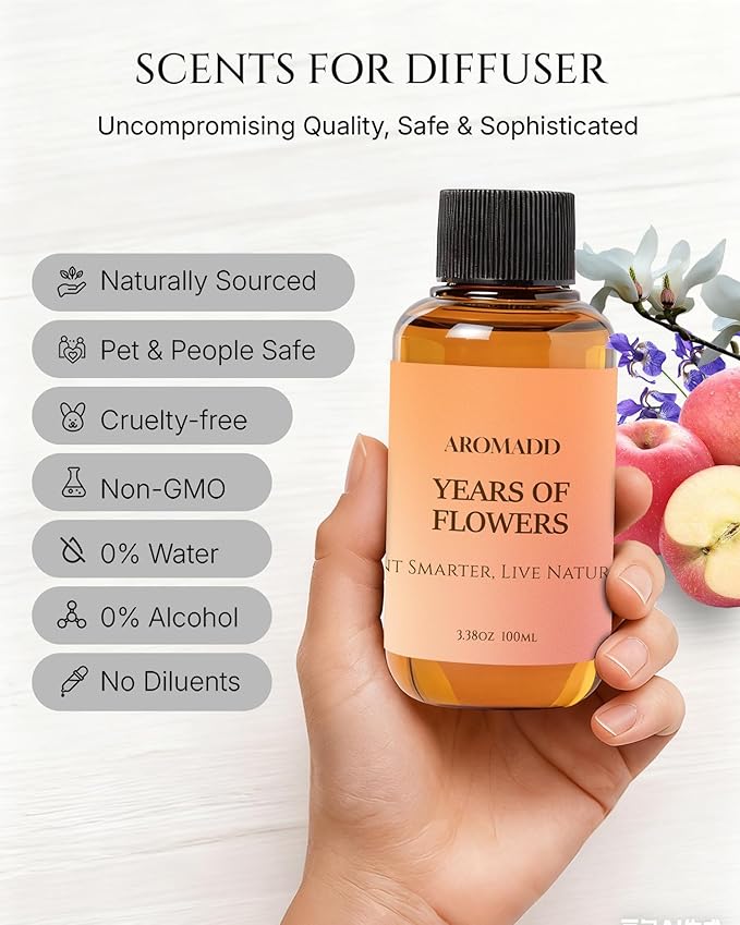 Aromadd Years of Flowers Diffuser Oil Inspired by Luxury Hotel Scent, Essential Oils for Waterless Diffuser, Freesia & Osmanthus, Long-Lasting & Natural Home Fragrance - 3.38 fl oz (100 mL)