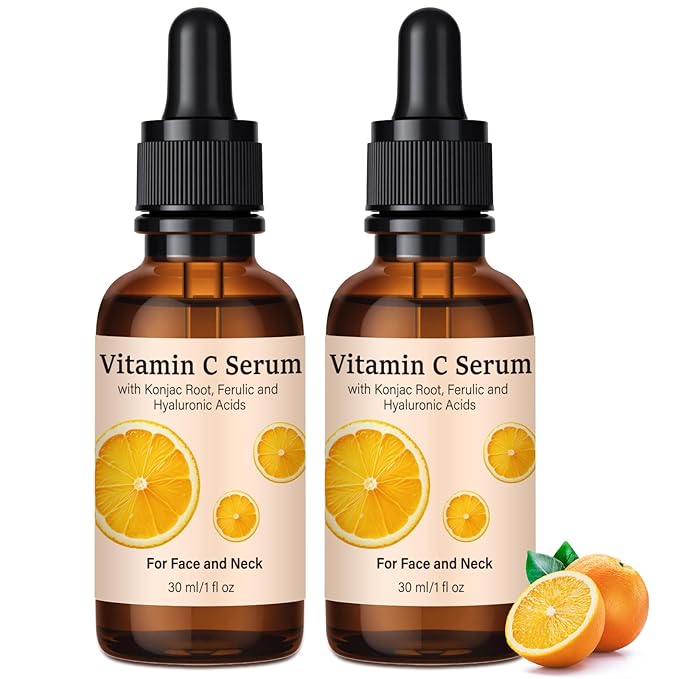 Vitamin C Serum, Hyaluronic Acid Serum for Face, 2 Packs All-In-One Hydrating Rich in Ferulic & Vitamin E for All Skin Type Facial Skincare Smooths Fine Lines for Neck Face