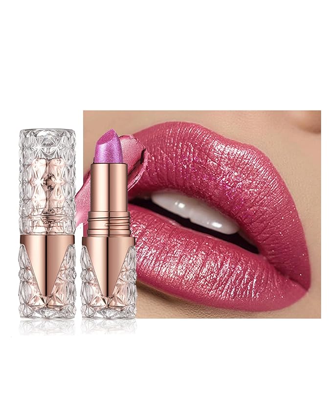 Glitter Metallic Shimmer Red Lipstick Long Lasting,Diamond High Pigmented Pink Metallic Matte Liquid Lipstick Non-Stick Nude Lip Gloss,Transfer Proof Lip Color Lip Stick Makeup for Women-03