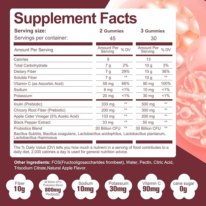 Sugar Free Fiber Supplement, 10g Fiber Gummies for Adults, Apple Flavor with Probiotics, Vitamin C, ACV, Inulin, Support Digestive Health, 90 Count (Pack of 2)