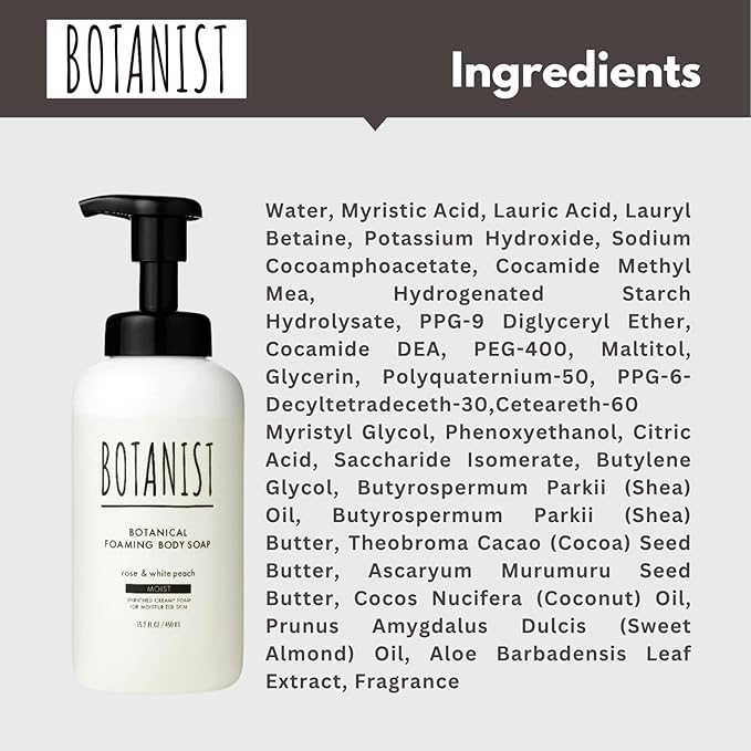 Botanist Foam Body Wash for Women, Sensitive Skin Body Wash for Men with Shea Butter, Almond & Coconut Oil, Sulfate & Paraben Free Organic BODY WASH from Japan 15.2 Fl Oz Rose & White Peach