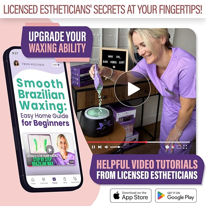 Tress Wellness Waxing Kit for Sensitive Skin – Safe for Face & Skin, Prep & Aftercare Wipes, Easy to Use – At-Home Kit for Face, Bikini, Brazilian & Full Body - Pink, No Display