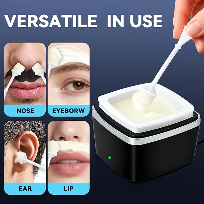 Nose Wax Kit - Portable Ear Nose Hair Waxing Kit for Men and Women with 100g Ｗax Beans, 40 Nose Hair Sticks, 10 Applicators, 10 Mustache & 10 Ear Protectors, Wax Warmer Kit for Hair Removal - White